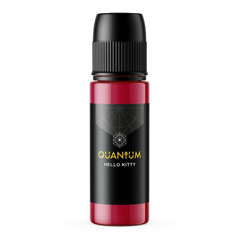 A bottle of Quantum brand Hello Kitty tattoo ink, featuring a deep red pigment and a black cap, set against a white background.