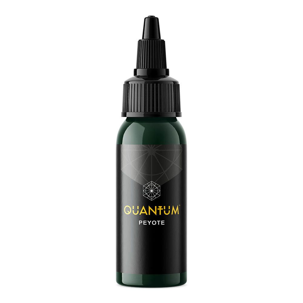 A dark green bottle of Quantum tattoo ink labeled