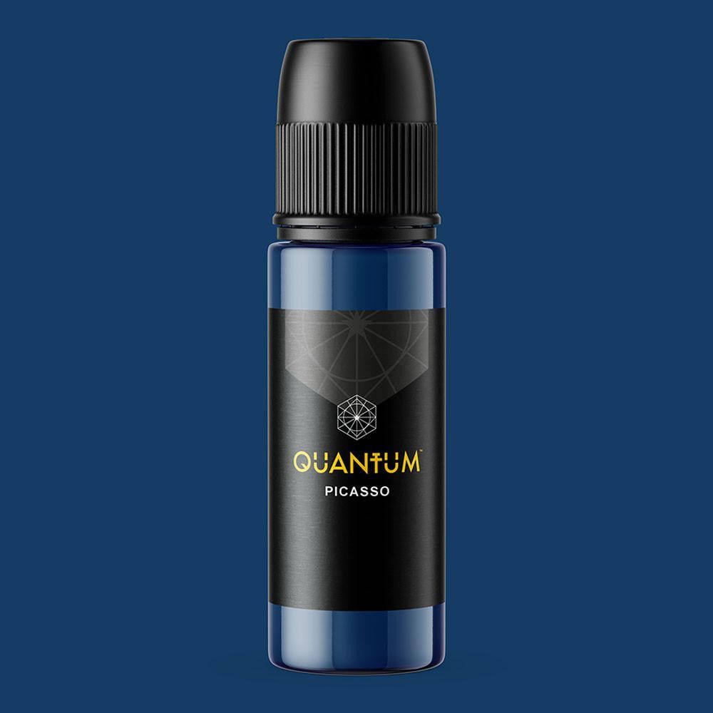 A dark blue dropper bottle with a black cap and a label featuring a geometric logo and the text