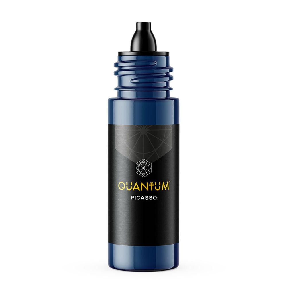 A dark blue dropper bottle with a black cap and a label featuring a geometric logo and the text