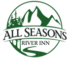 Logo for All Seasons River Inn: Green circle with mountain, trees, and river, 