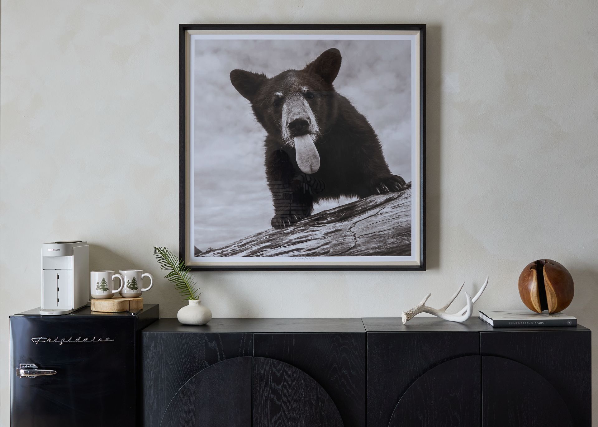 Framed black-and-white bear portrait above a black cabinet with small decor items