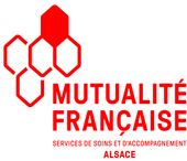 A red and white logo for mutualité francaise alsace
