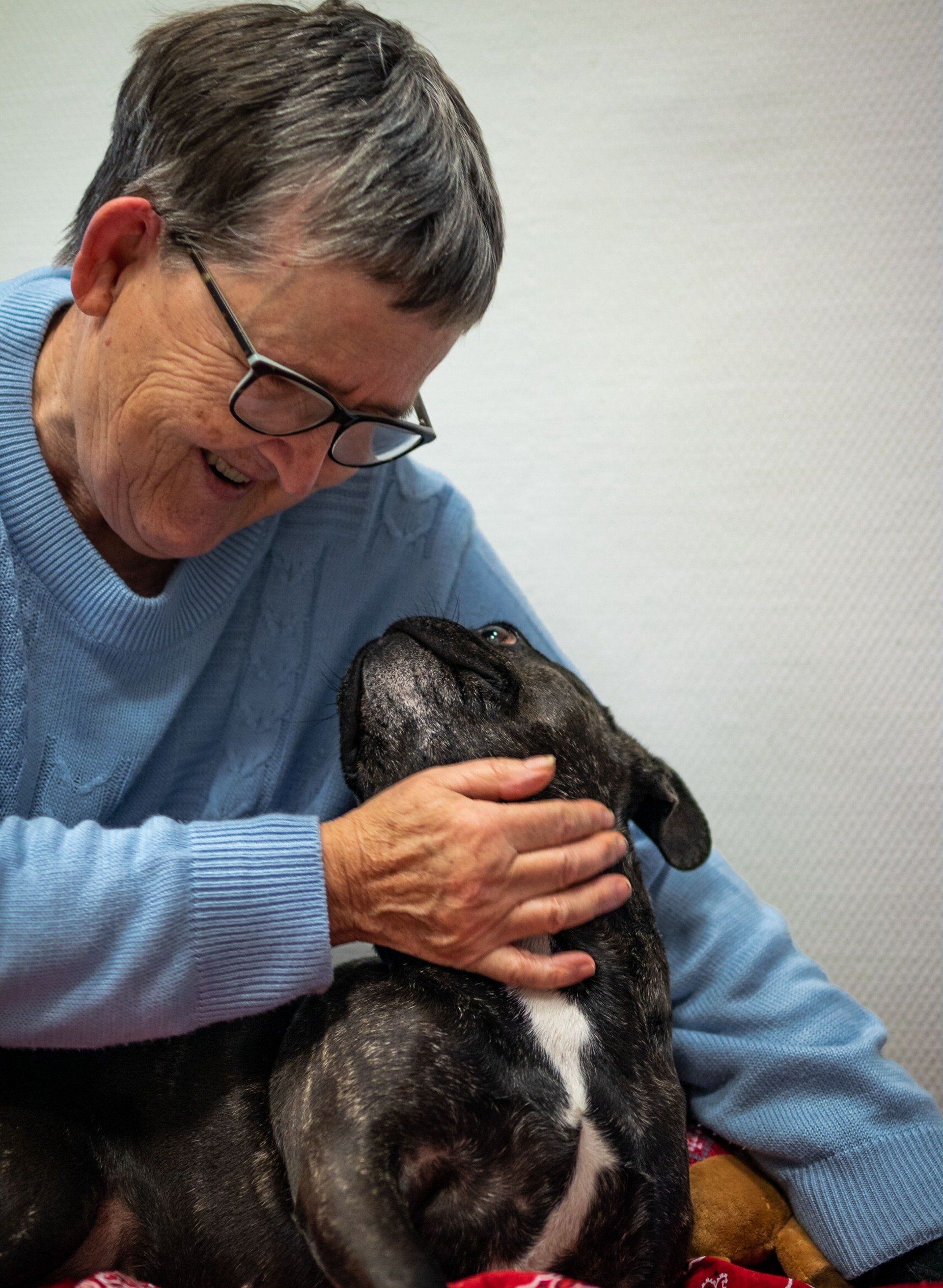 Une femme en pull bleu caresse un chien noir.