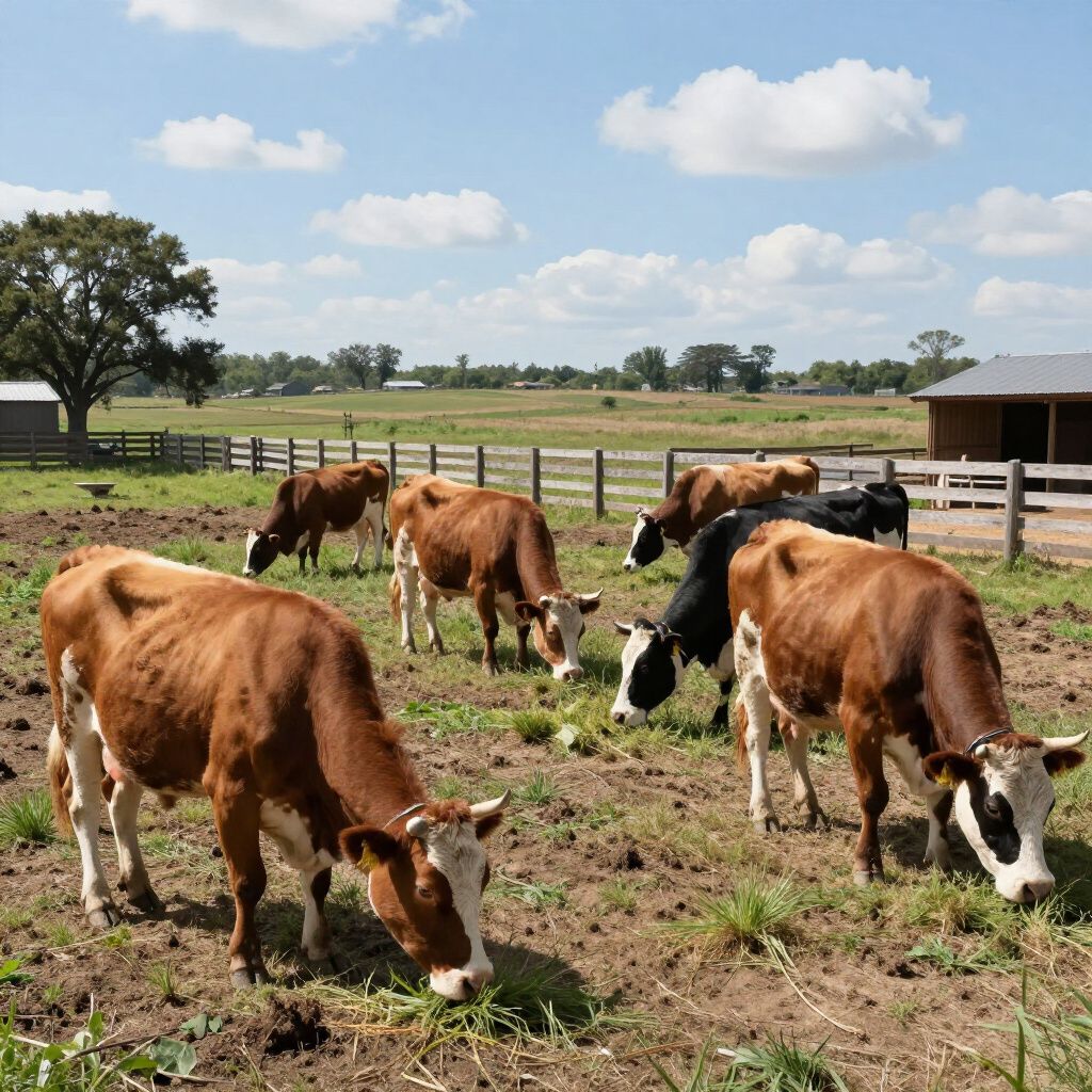 Cows grazing in a grassy pasture on a sunny day. Brown and black cows near a wooden fence and buildings.