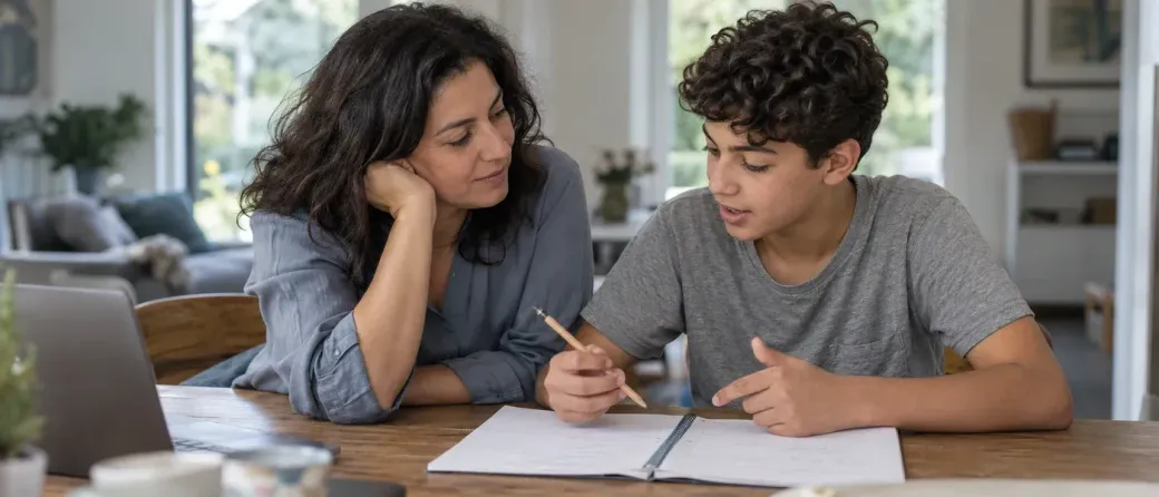 Volwassene en een kind studeren samen aan een bureau en gebruiken een laptop, een biologieboek om aan schoolwerk te werken.
