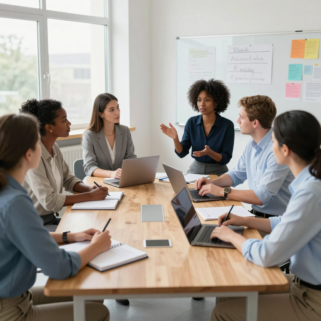 Een groep van zes mensen zit rond een tafel in een kantoor en werkt samen aan een project met behulp van laptops en boekjes
