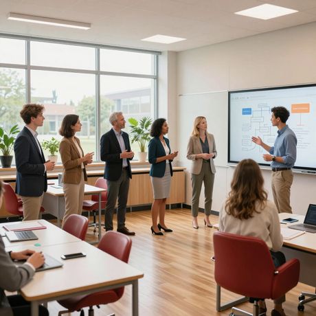 Een groep professionals staat in een lichte kantoorruimte terwijl één persoon op een groot scherm aan collega's presenteert.