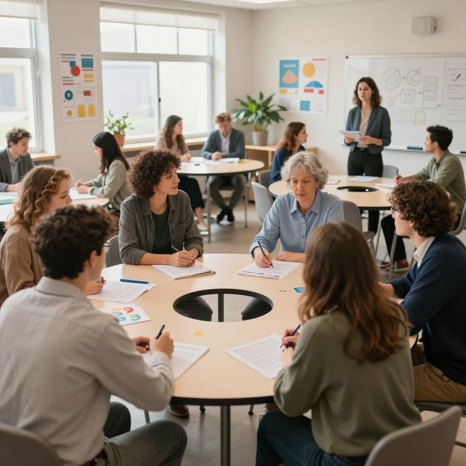 Een groep mensen zit rond een ronde tafel in een vergaderruimte, waarbij één persoon staat en de discussie leidt.