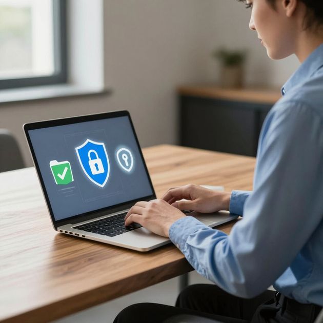 Een vrouwzit aan houten tafel met een laptop waarop beveiligingspictogrammen staan van een map, een schild en een sleutel.