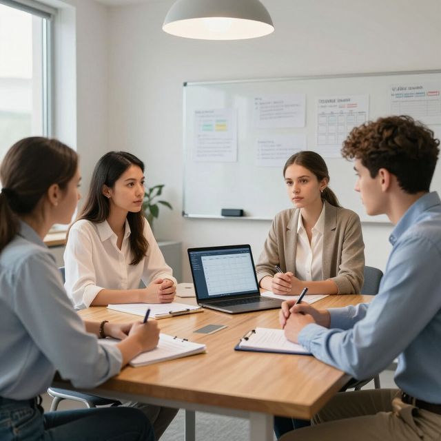 Vier mensen zitten rond een vergadertafel in een lichte, moderne kantoorruimte met een whiteboard, tijdens een bijeenkomst.
