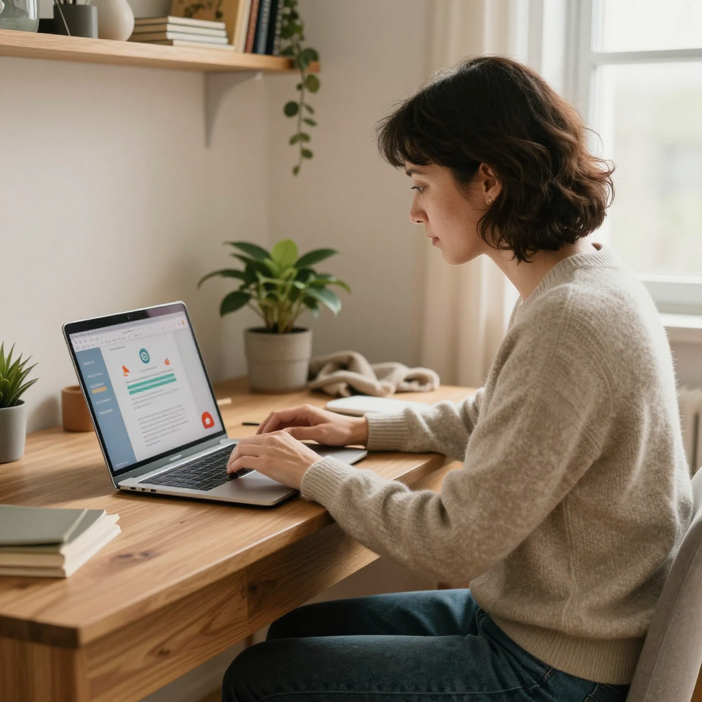 Iemand werkt op een laptop aan een houten bureau in een zonnige kamer, met een potplant in de buurt.