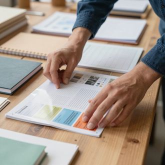 Op een houten bureau ordenen handen papieren en notitieboekjes, waarbij de aandacht gericht is op een document met grafieken