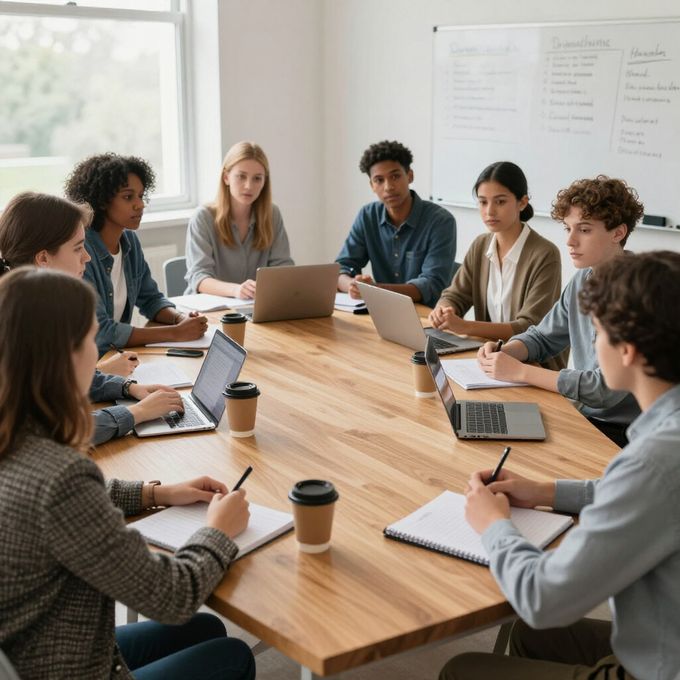 Een groep van zeven mensen zit rond een houten vergadertafel met laptops, notitieboekjes en koffiekopjes in een kantoor.