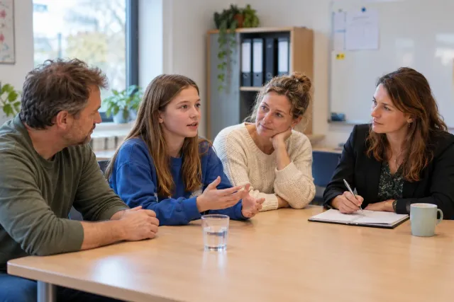 Zes mensen zitten rond een houten vergadertafel in een kantooromgeving voor een vergadering, geconcentreerd op een discussie.