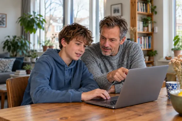 Een oudere volwassene en een tiener zitten samen op een bank en kijken naar een laptop die op een houten tafel staat.