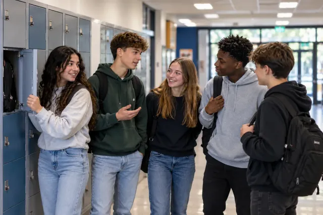 Een groep van zeven leerlingen staat in een lichte schoolgang vol kluisjes en praat met elkaar.