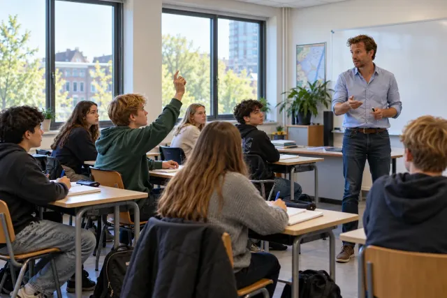 Een leraar staat vooraan in het klaslokaal en geeft instructies aan een groep leerlingen die aan bureaus zitten voor een bord
