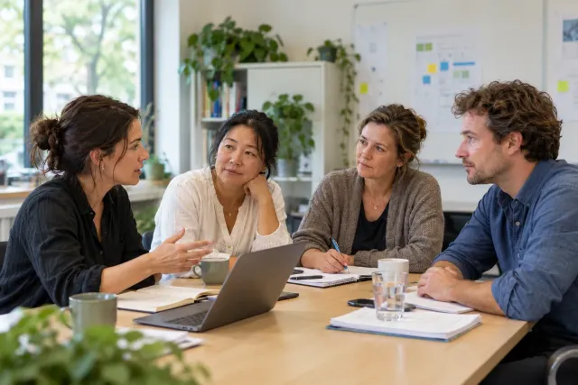Vier mensen zitten rond een vergadertafel in een lichte, moderne kantoorruimte met een whiteboard, tijdens een bijeenkomst.