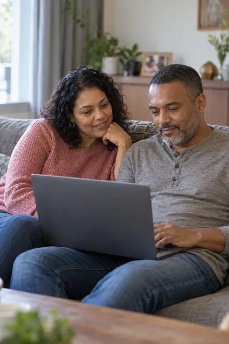Een man en een vrouw zitten samen op een bank en kijken aandachtig naar een tablet die ze tussen zich in houden in woonkamer