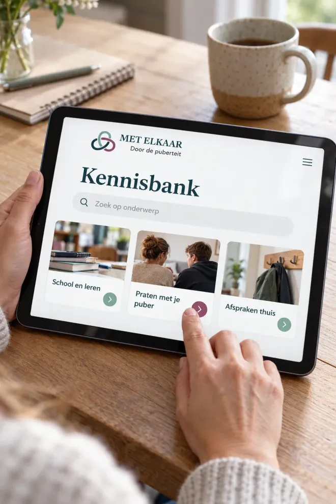 Een tablet met een webpagina met tips over het gebruik van sociale media, geplaatst op een houten bureau met een stylus