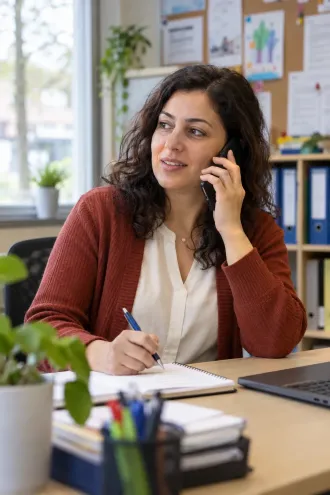 Een vrouw met krullend haar en een bril zit aan een bureau en praat aan de telefoon terwijl zij naar een laptop kijkt