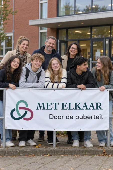 Een grote groep mensen staat voor een bakstenen schoolgebouw en houdt een spandoek vast met de tekst 