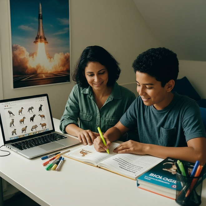 Volwassene en een kind studeren samen aan een bureau en gebruiken een laptop, een biologieboek om aan schoolwerk te werken.