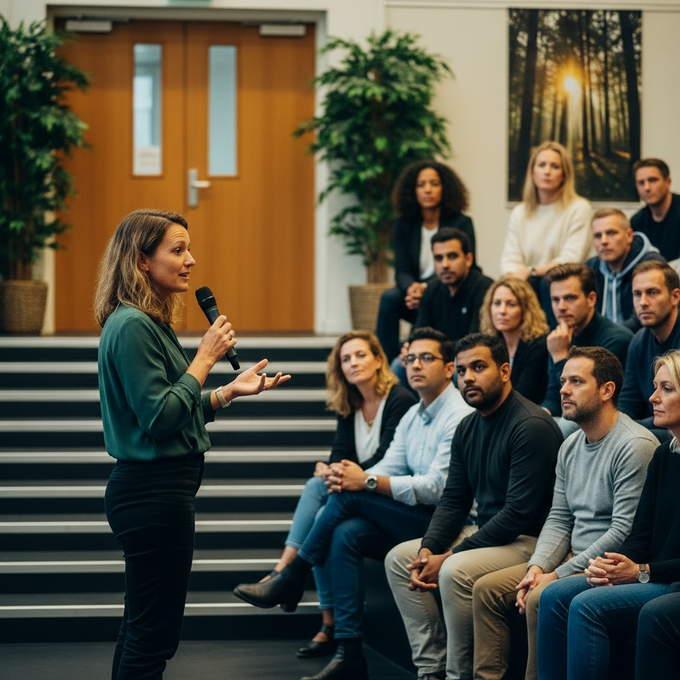 Een vrouw spreekt in een microfoon voor een zittend publiek in een lichte, moderne zaal met oplopende zitplaatsen en planten.