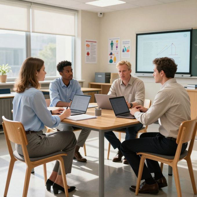Vier mensen zitten rond een tafel in een licht klaslokaal en werken op laptops tijdens een gezamenlijke groepsbijeenkomst.