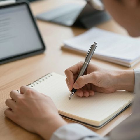 De handen van een persoon schrijven met een grijze pen in een notitieboekje op een houten bureau, met een tablet ernaast.