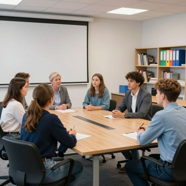 Zes mensen zitten rond een houten vergadertafel in een kantooromgeving voor een vergadering, geconcentreerd op een discussie.