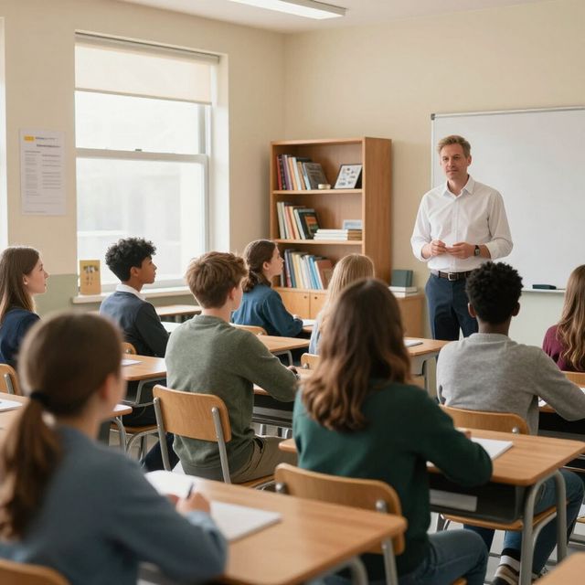 Een leraar staat vooraan in het klaslokaal en geeft instructies aan een groep leerlingen die aan bureaus zitten voor een bord
