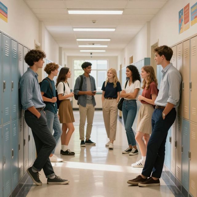 Een groep van zeven leerlingen staat in een lichte schoolgang vol kluisjes en praat met elkaar.
