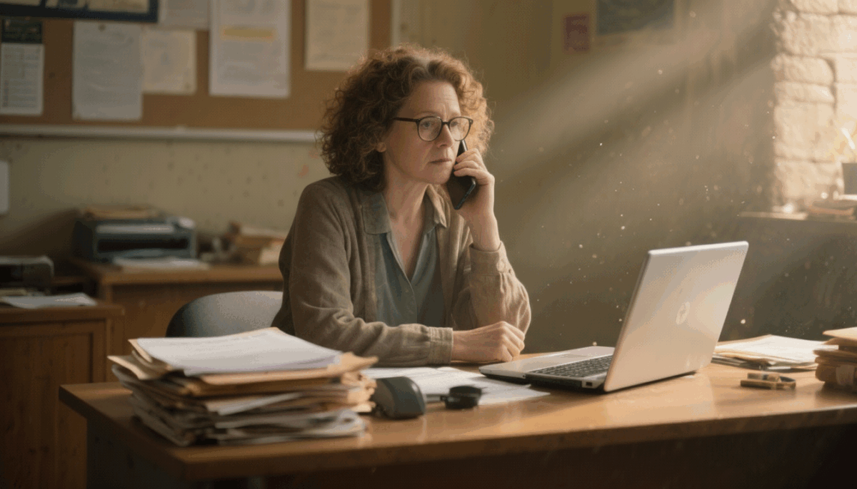 Een persoon met krullend haar en een bril zit aan een bureau en praat aan de telefoon terwijl zij naar een laptop kijkt.