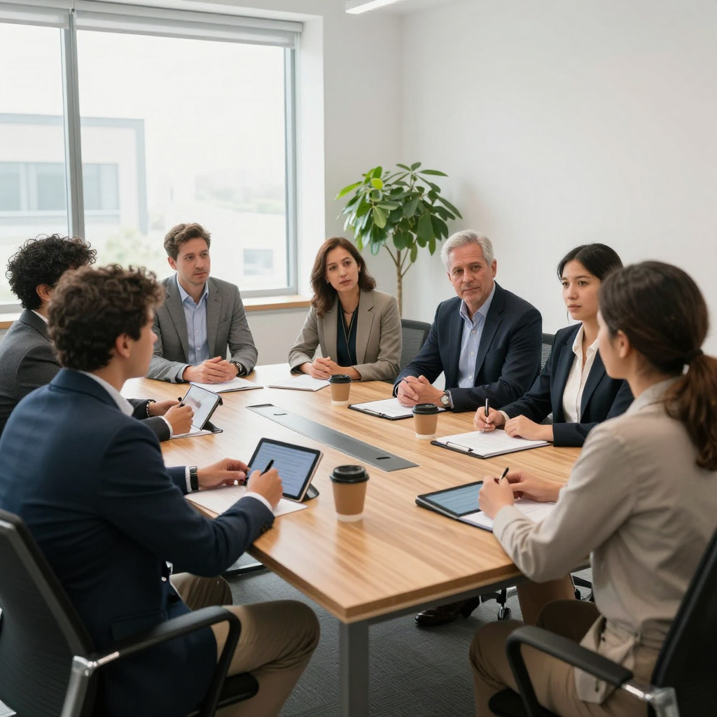 Een groep professionals zit tijdens een vergadering rond een grote houten tafel en bekijkt aantekeningen op tablets.