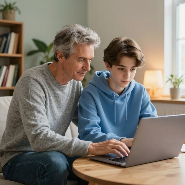 Een oudere volwassene en een tiener zitten samen op een bank en kijken naar een laptop die op een houten tafel staat.
