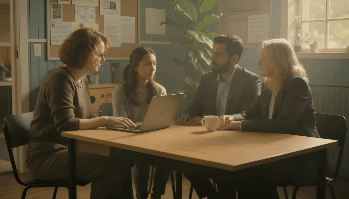 Vier mensen zitten rond een tafel in een zonnig kantoor en voeren een gesprek, terwijl een van hen op een laptop typt.