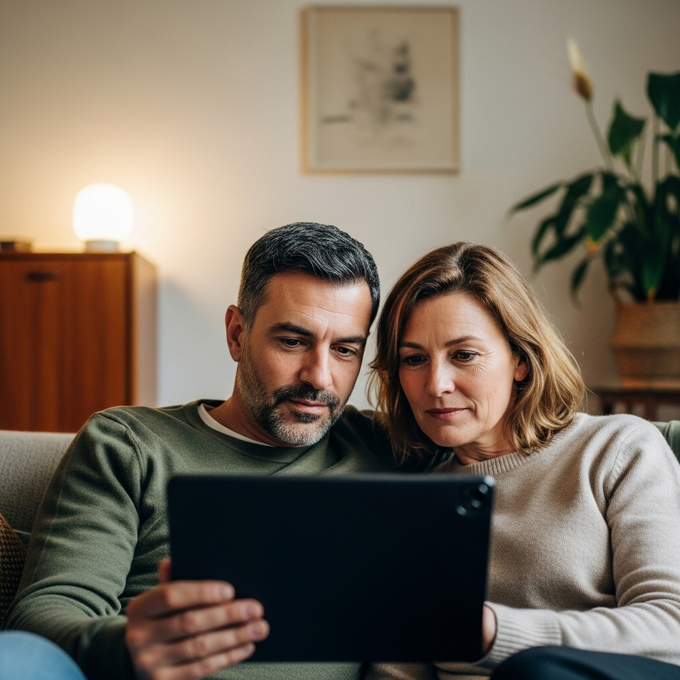 Een man en een vrouw zitten samen op een bank en kijken aandachtig naar een tablet die ze tussen zich in houden in woonkamer