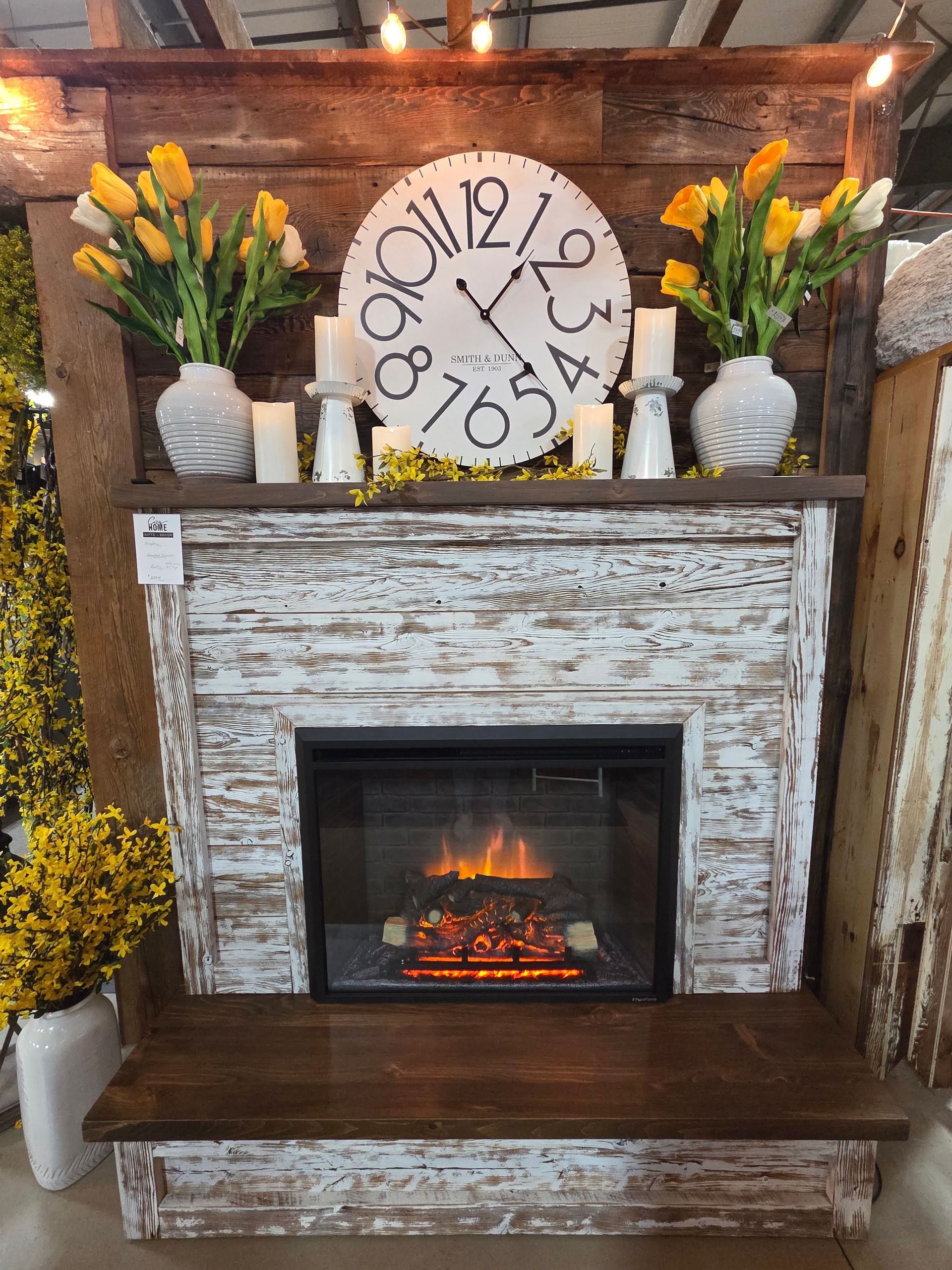 Rustic fireplace decor at a home goods store. Rustic fireplace decor at a home goods store.