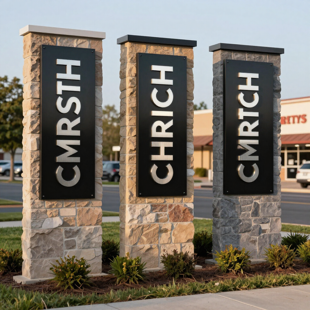Three stone church signs spelling CMRSTH, CHRCH, and CMRCH in front of a building at dusk