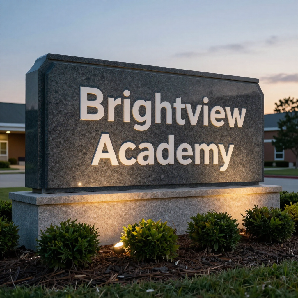 Brightview Academy sign lit at dusk beside landscaped shrubs