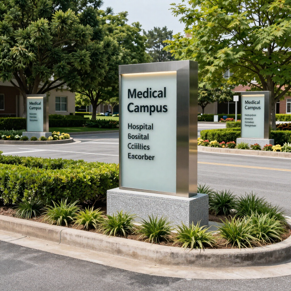 Medical campus entrance sign beside a landscaped drive, with trees and hospital, consultation, clinic, and oncology listed.