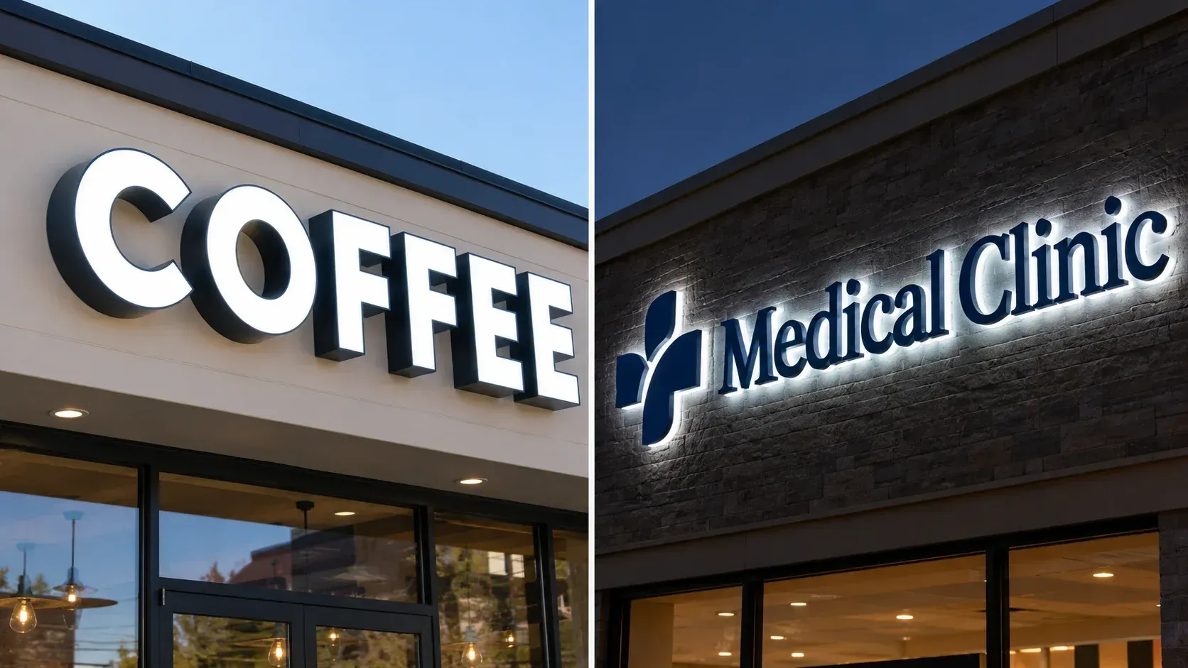 Front-Lit vs Halo-Lit channel letters comparison: bright coffee sign vs halo clinic sign.
