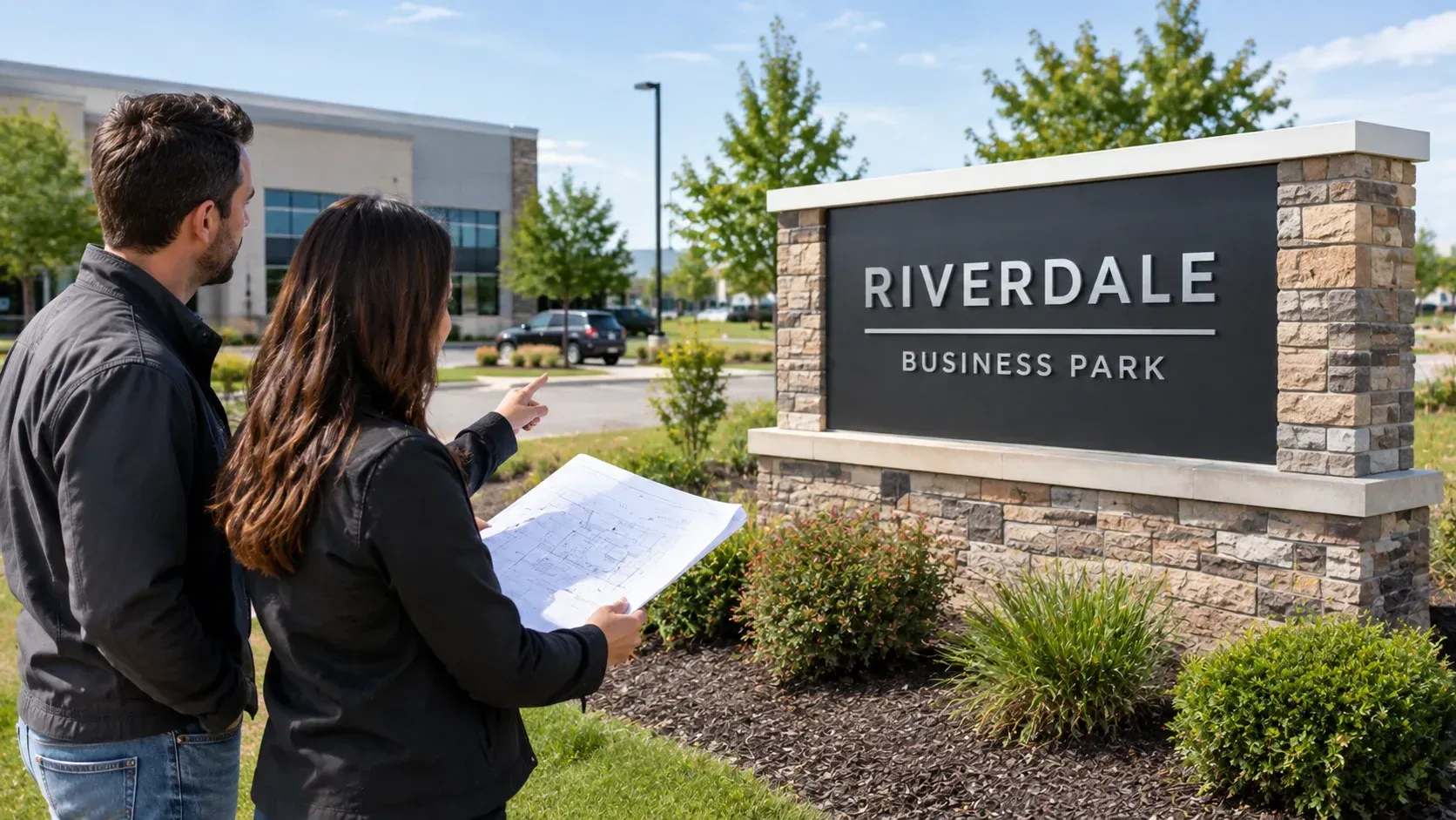 Professionals reviewing site plans next to a business park monument sign in Dane County.