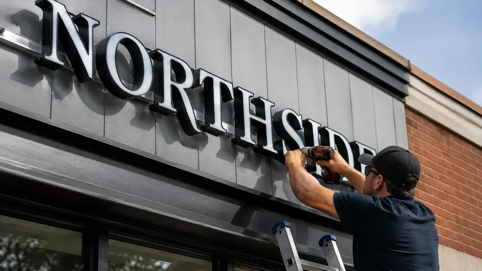 Technician installs NORTHSIDE sign, showing how much channel letter signs cost in Madison, WI