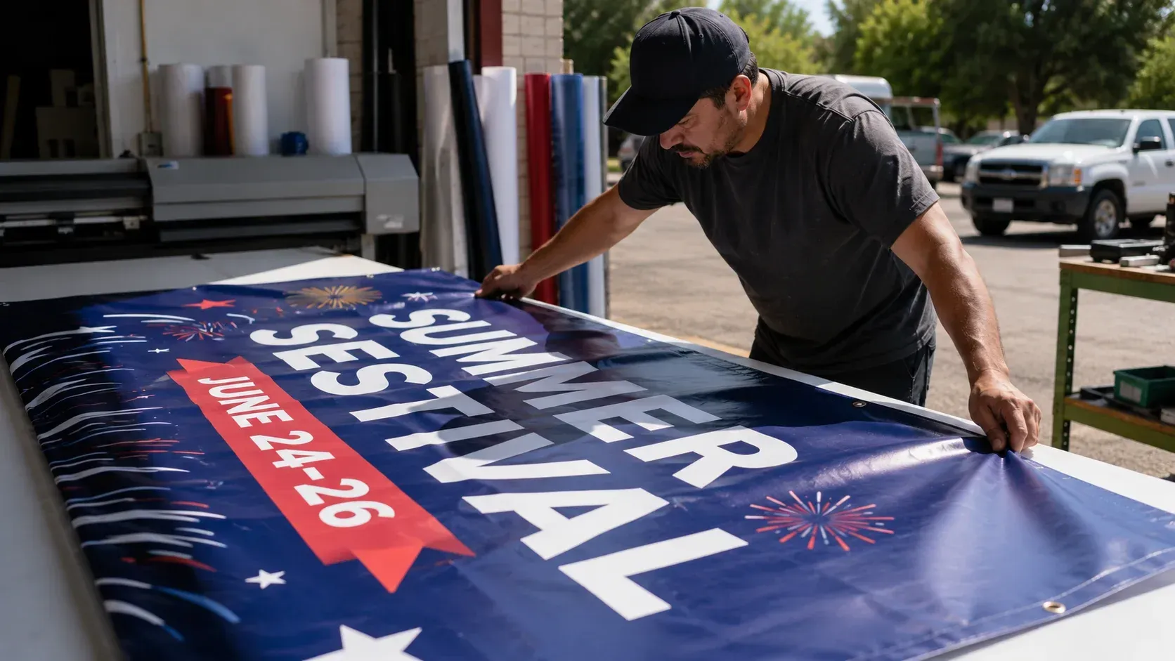 A worker unrolls a summer festival banner, demonstrating how much custom event banners cost.