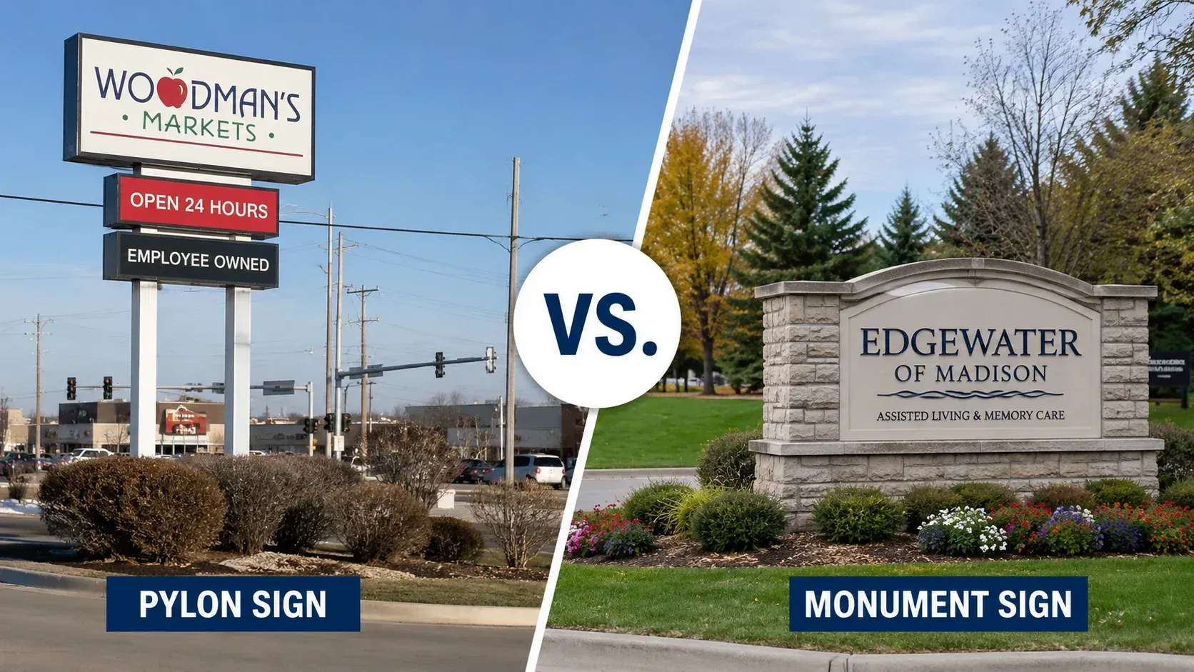 A side-by-side visual comparison of Pylon vs Monument Signs, featuring a tall Woodman's Markets pylon sign on the left and a low-profile Edgewater monument sign embedded in landscaping on the right, divided by a central