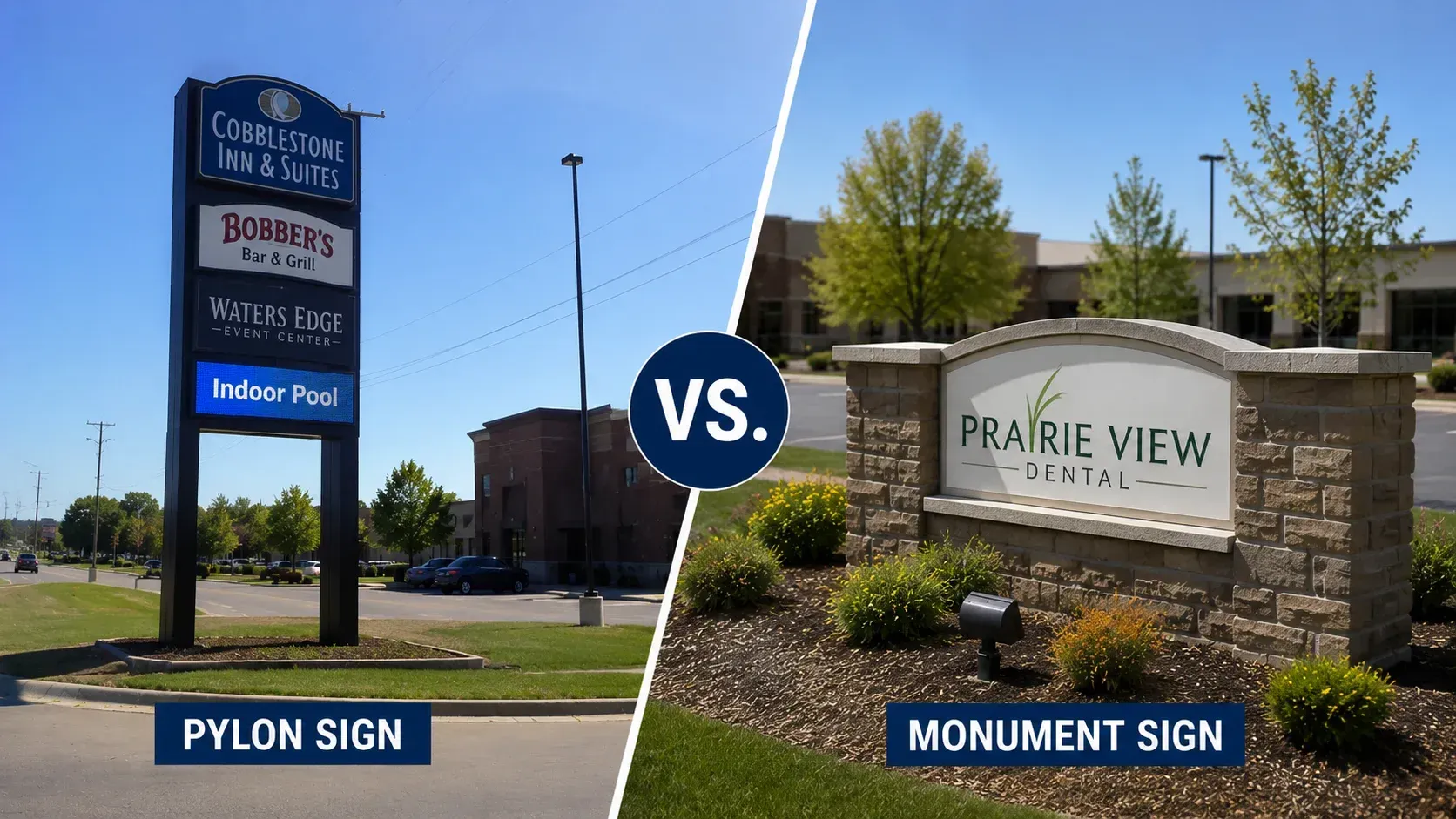 Graphic comparing Pylon vs Monument Signs for business storefronts.