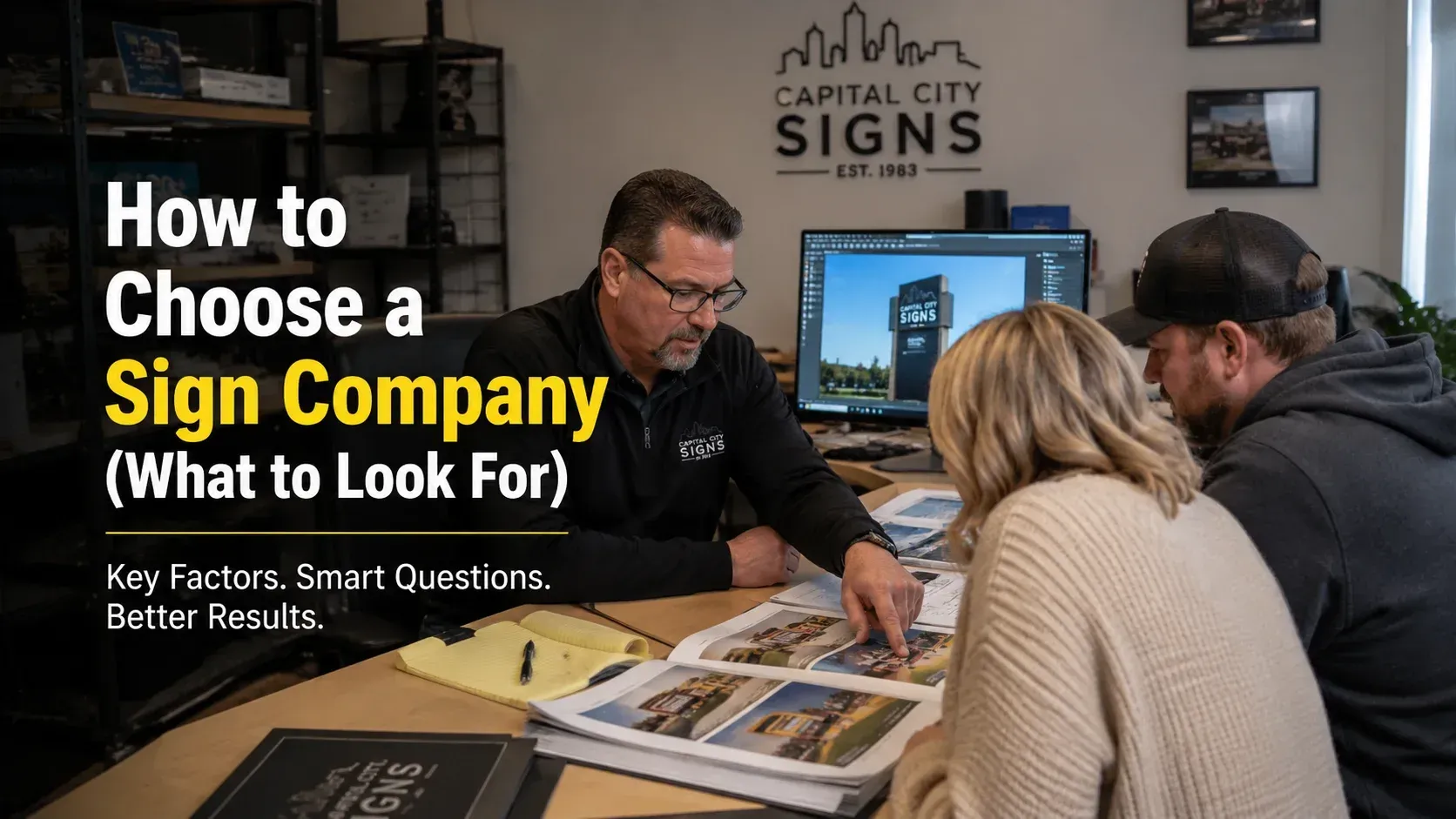 Professionals reviewing custom sign blueprints, illustrating how to choose a sign company for your business.